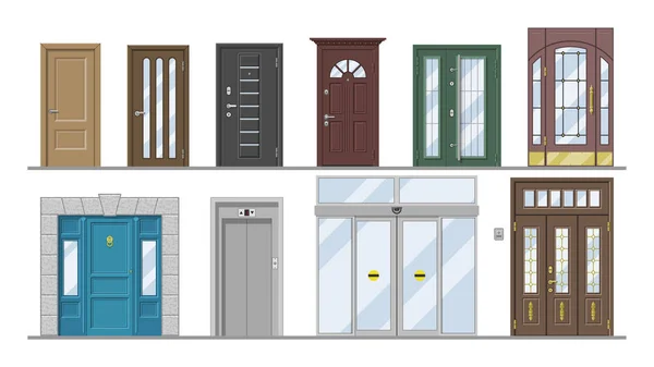 Πόρτες διανύσματος μπροστινή είσοδο ανελκυστήρα εισόδου ή ανελκυστήρα εσωτερικό εσωτερικό σπίτι εικόνα σύνολο εξωτερική πόρτα κτίριο βιτρίνα και πύλη εξόδου απομονωθεί σε λευκό φόντο — Διανυσματικό Αρχείο