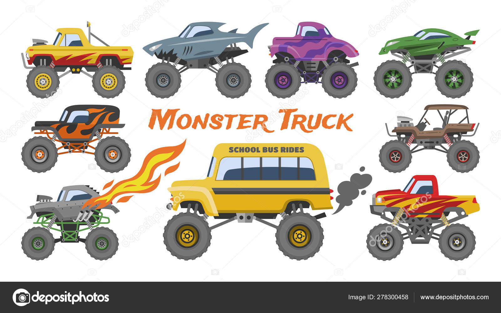 Cartoon Monster Truck Isolated on White Background, Vectors