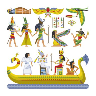 Mısır vektör firavun karakter eski adam kadın kadın tanrı ra anubis heykeli Mısır kültür tarihi illüstrasyon tarihi illüstrasyon seti beyaz arka plan üzerinde izole tarihi Afrika arkeoloji koleksiyonu seti
