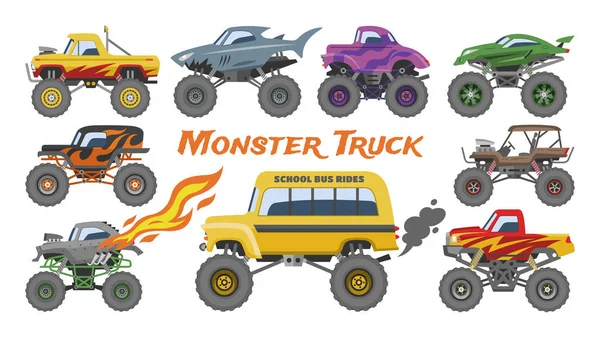 怪物卡车矢量卡通车或汽车和极端显示运输插图集重型怪物卡车与大车轮隔离在白色背景 — 图库矢量图片