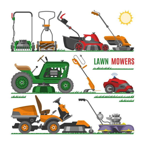 Gräsklippare Vector Trädgårdsskötsel gräsklippare utrustning klippning Cutter verktyg illustration uppsättning av gräsklippare-motor maskin gräs-Cutter traktor trädgård trimmer isolerad på vit bakgrund — Stock vektor