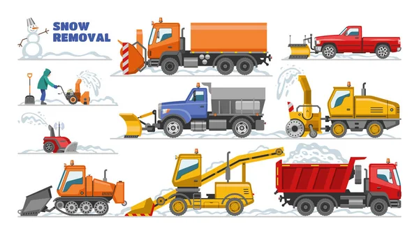 Snow removal vector winter machine snowplow equipment tractor cleaning removing snow illustration set of truck snowblower excavator bulldozer vehicle transportation isolated on white background — Stock Vector