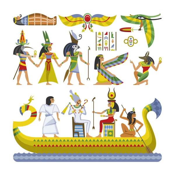 Egyptian vector pharaoh character ancient man woman god ra anubis statue on boat of Egypt culture historical illustration set of historic african archeology collection isolated on white background — Stock Vector