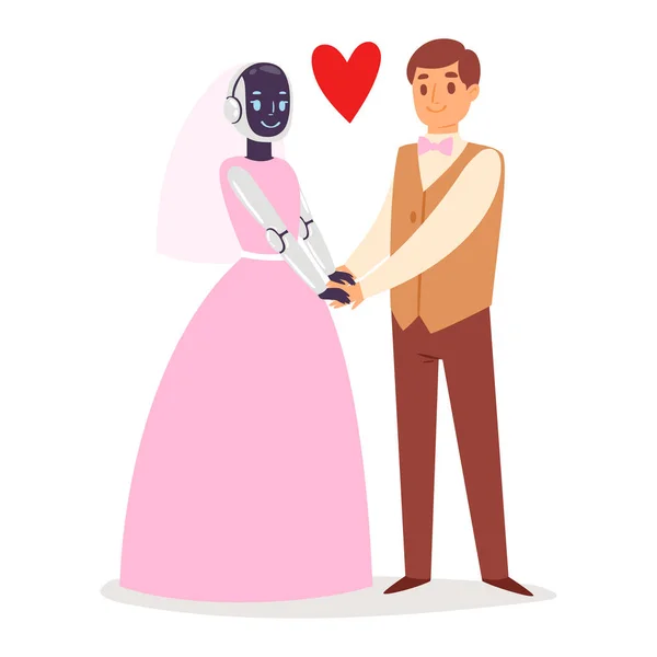 Robot Humanoid bröllop äktenskap brud och brudgum människor vektor futuristiska Robotic seriefigurer cybernetiska Cyber Life Technology illustration uppsättning av robotically person isolerad på vit bakgrund — Stock vektor