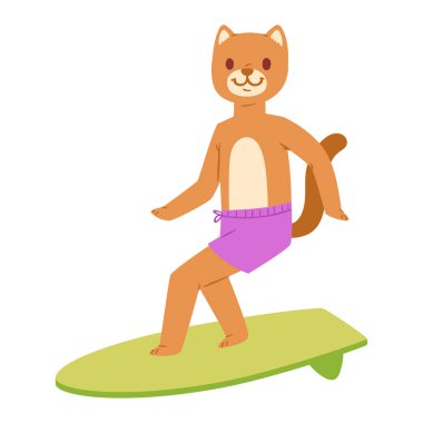 Sörf vektör kedi hayvan sörfçü karakter sörf illüstrasyon hayvani karikatür genç sporcu kitty kız ve wakeboard beyaz arka plan üzerinde izole