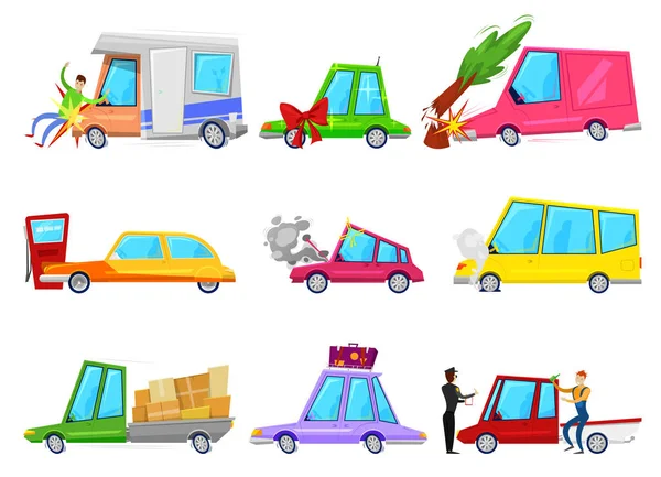 Karikatür araba kazası komik miniaraba ve kırık araç sonra yaya karakteri ve minivan veya römork ile oto ile araba kaza sonrası beyaz arka plan üzerinde izole illüstrasyon ayarlayın