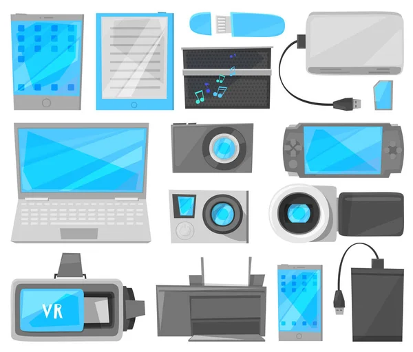 Gadżet cyfrowy pomysł rezygnować wystawa od laptop albo tabletka i aparat fotograficzny od Smartphone albo telefon elektroniczny wyposażenie Gamepad wideo Rejestrator umieszczać ilustracja na białym tle — Zdjęcie stockowe