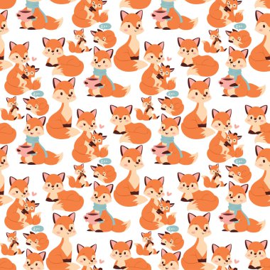 Fox karakteri farklı etkinlikler komik mutlu doğa kırmızı seksi sevimli sevimli kuyruk ve yaban hayatı turuncu orman hayvan Dikişsiz desen arka plan vektör çizim yapıyor.