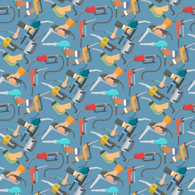 Akaryakıt benzin istasyonu tabanca insanlar ellerini rafineri sanayi Petrol tankı servis aracı Dikişsiz desen arka plan vektör çizim yakıt ikmali