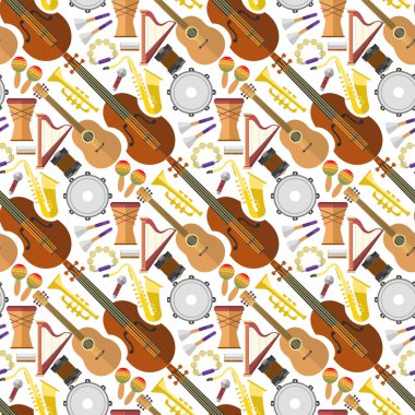 Müzik üretim Dikişsiz desen arka plan müzik ekipman vintage enstrüman elektro gitar vektör çizim