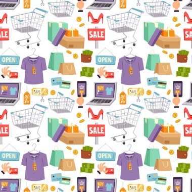 Süpermarket vektör mağaza mağaza bakkal retro karikatür müşteriler alışveriş sepetleri gıda ve ticaret ürünleri illüstrasyon Dikişsiz desen arka plan arabaları
