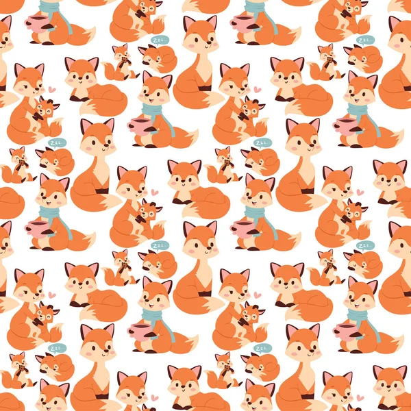 Fox personnage faisant différentes activités drôle nature heureuse rouge foxy mignon adorable queue et faune forêt orange animal motif sans couture arrière-plan vectoriel illustration . — Image vectorielle