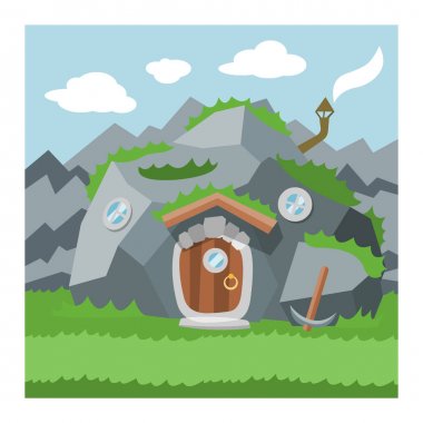 Fantezi gnome ev vektör karikatür peri treehouse ve sihirli konut köy illüstrasyon çocuk gnome masal kabak veya gnome arka plan için taş oyun seti