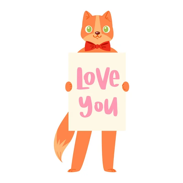 Cat banner i love you vector kitten character peeking behind cardboard kitty holding copy space message poster illustration set of pussycat pet animal advertising isolated on background — Stock Vector