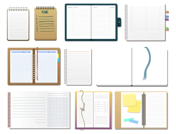 Set von offenen realistischen Notizbüchern mit Seiten Tagebuch Office Sheet Template Booklet und leeres Papier Bildung Copybook Organizer Vektor Illustration. — Stockvektor
