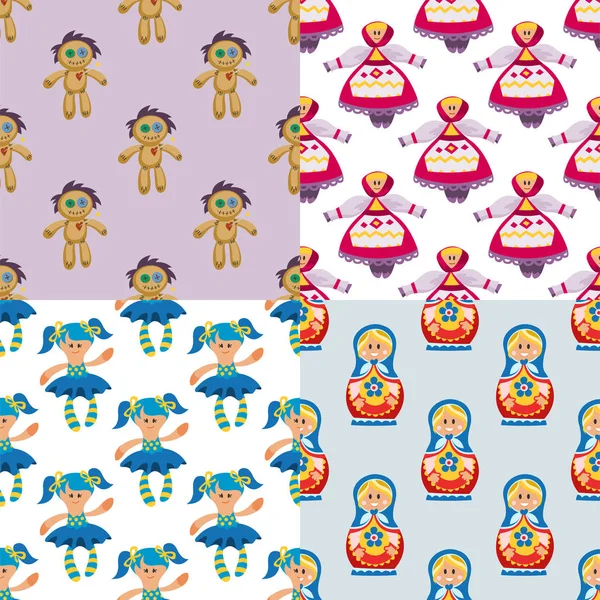 Diferentes muñecas juguete personaje juego vestido sin costuras patrón fondo granja espantapájaros trapo muñeca vector ilustración — Archivo Imágenes Vectoriales