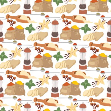 Baharat gıda otlar doğal sağlıklı baharat baharat organik sebze vektör madde Dikişsiz desen arka plan.