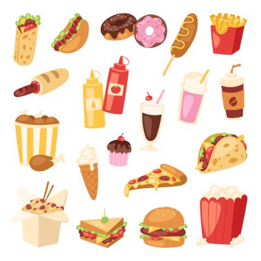 Fast food beslenme amerikan hamburger veya cheeseburger sağlıksız yeme kavramı abur cubur fast-food aperatifler burger veya sandviç ve soda içecek illüstrasyon arka planda izole