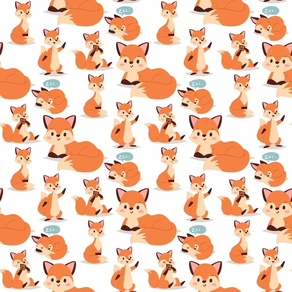 狐狸字符做不同的活动滑稽快乐自然红色狡猾可爱的尾巴和野生动物橙色森林动物无缝模式背景向量插图. — 图库矢量图片