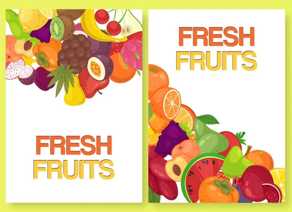 Fruta fresca para el mercado agrícola conjunto de banners ilustración vectorial. Productos alimenticios orgánicos y naturales. Plátano, sandía, uvas, piña y limón. Alimentación saludable. Vitaminas . — Vector de stock