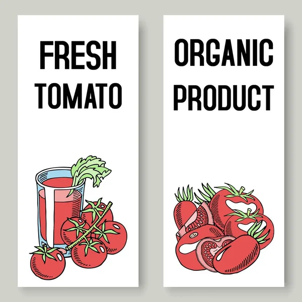 Tomat färsk juice bakgrund uppsättning banners vektor illustration. Hälsosam mat. Glas ekologisk dryck. Naturliga produkter. Element för meny, bar reklam. Körsbärstomater. — Stock vektor