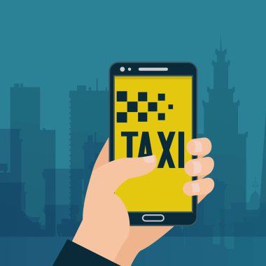 El telefonu afiştaksi sipariş. Araç paylaşımı ve kiralama Hizmeti reklamı. Mobil uygulama ile el tutma akıllı telefon. Online kira uygulaması vektör illüstrasyon. Ulaşım taksi hizmeti.