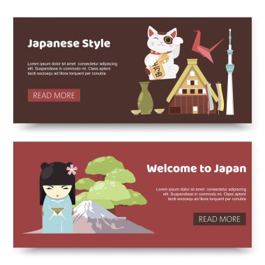 Japon tarzı nesneler, hediyelik eşya, afiş vektör illüstrasyon aksesuarları kümesi. Kedi, geyşa, bonsai ağacı, fuji dağı ve gezginler için kültür gibi geleneksel Japonya sembolleri.