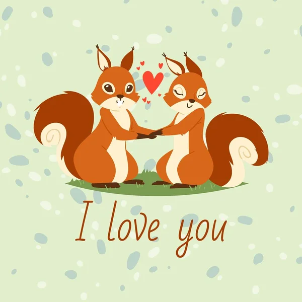 Eichhörnchen Paar verliebt Banner, Grußkarte Vektor Illustration. Cartoon liebenswerte Tiere Händchen haltend. fliegende Herzen. ich liebe dich. Valentinstag-Figuren zufrieden mit Beziehung — Stockvektor