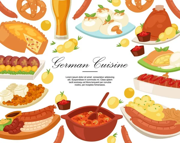 Cozinha alemã fundo banner vetor ilustração. Comida tradicional na Alemanha. Salsichas de farinha de carne cozida para jantar ou almoço, lanche bávaro e cerveja, presunto assado . — Vetor de Stock
