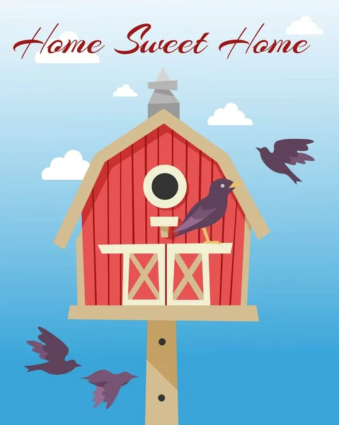 Birdhouses with flying birds poster vector illustration. Home sweet home. Nesting boxes to hang on tree. Wooden colorful construction to feed birds, small buildings of planks with hole. — Stock Vector