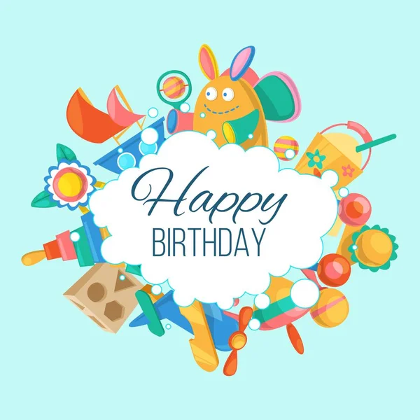 Ensemble de jouets pour carte d'anniversaire bébé, illustration vectorielle de bannière. Objets mignons pour les petits enfants pour jouer avec, jouets en bois et en plastique, animaux en peluche, plaisir et activité. Bannière Joyeux anniversaire — Image vectorielle