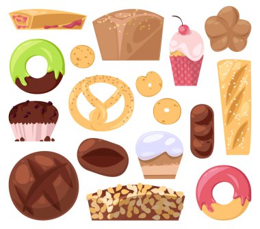 Fırında pasta ekmek veya somun ve kahvaltı illüstrasyon muffin ve cupcakes beyaz arka plan üzerinde izole ayarlamak için pişmiş donut