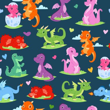 Dragons çocuklar dikişsiz desen vektör illüstrasyon. Kanatları ile Karikatür komik ejderhalar. Çimenlerin üzerinde oturan peri dinozorları. Yumurtadan çıkan karakter. Gökyüzünde uçan büyülü dinolar.