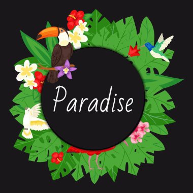 Cennet arka planı. Plaj tasarımı, orman afiş vektör illüstrasyon. Tropik palmiye ağacı parlak çiçeklerle yapraklar. Toucan, papağan gibi tropikal kuşlar ile Egzotik Hawaii.