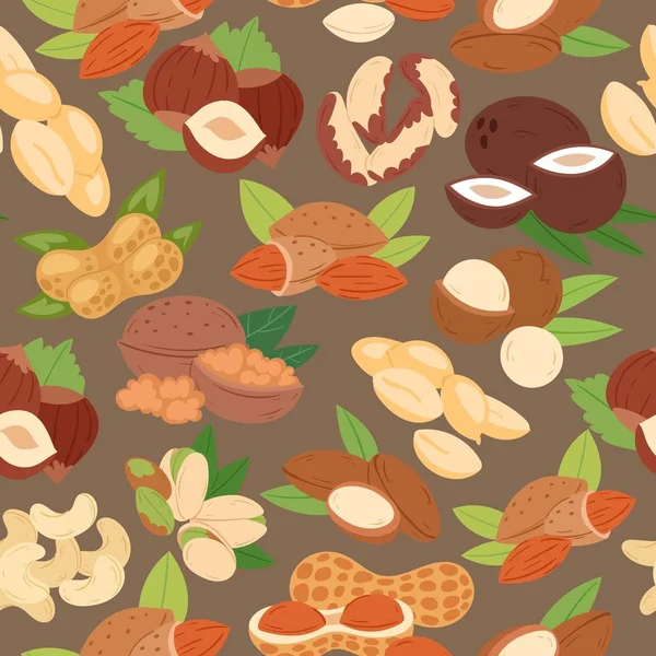 Nuts coleção desenho animado plano sem costura padrão vetor ilustração. Amendoim, pistache, caju, coco, avelã e macadâmia. Comida orgânica saudável, bom lanche. Nutrição e agricultura . — Vetor de Stock