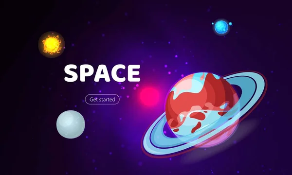 Fundal spaţial. Cosmos cu planete ilustrație vectorială banner. Nava spațială călătorește pe noi planete și galaxii. Călătorie tehnologie viitoare. Constelaţie cu lună. Rachetă în spațiul cosmic . — Vector de stoc