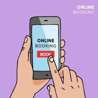 Ekranda kitap düğmesi olan el ele tutuşan akıllı telefon. Online rezervasyon mobil uygulama kavramı. Otel, uçuş, araba, internet bilet rezervasyonu. Parmak cep telefonuna dokunuyor. Vektör