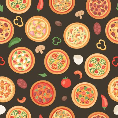 Malzemeler ve farklı türleri ile Pizza ev dikişsiz desen vektör illüstrasyon. Sosis, peynir, sebze, deniz ürünleri ve mashrooms ile Premium pasta. Lezzetli fast food.