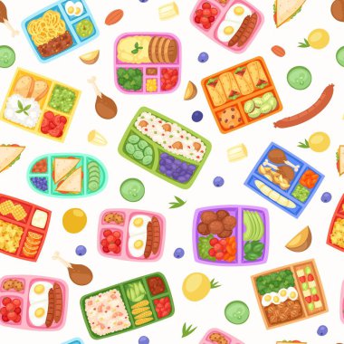 Gıda dikişsiz desen vektör illüstrasyon ile Öğle yemeği kutuları. Okul, iş, üniversite için yemek ile plastik kaplar. Sosis, kiraz domates, kurabiye, haşlanmış patates, erişte ile Yumurta.