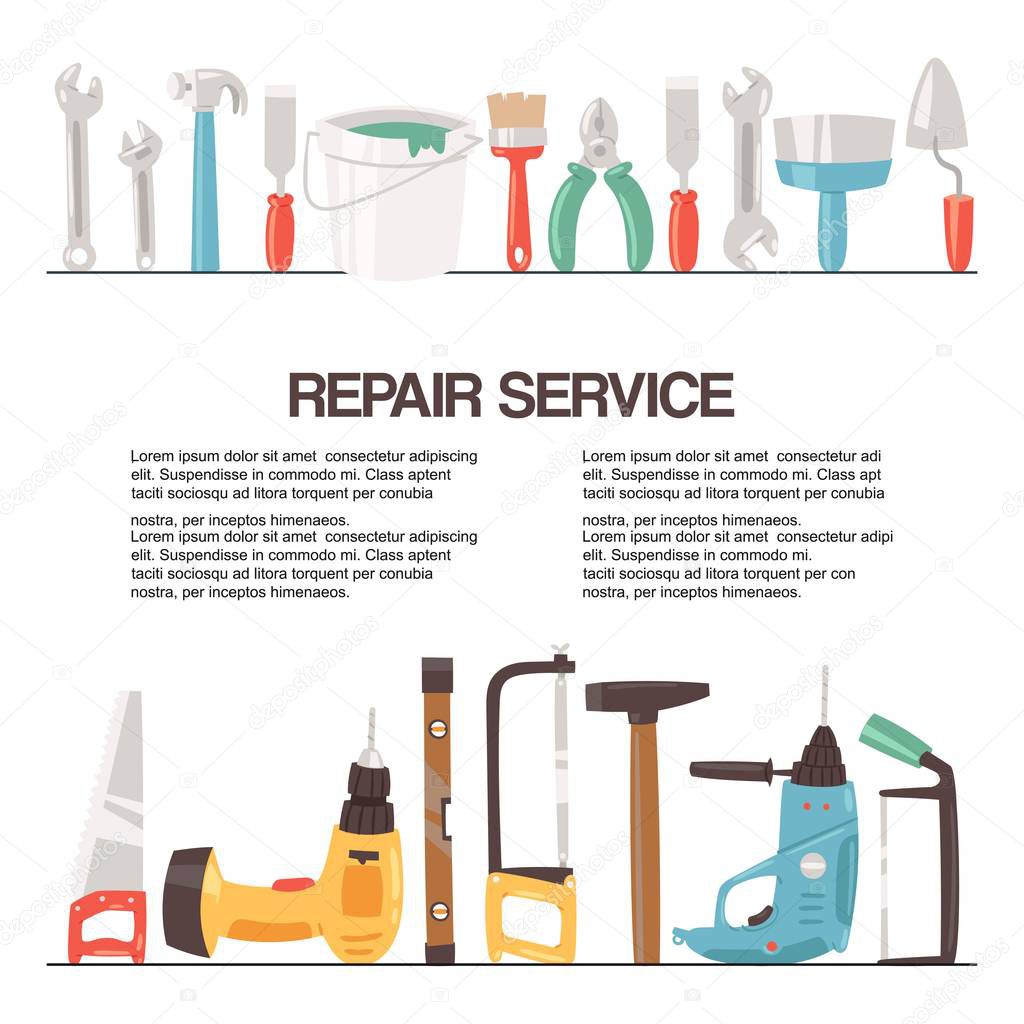 Repair service tools banner vector illustration. Home repair. Construction equipment. Hand supplies for house renovation and rebuilding. Hammer, drill, saw, putty knife and ruler.