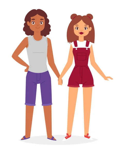 Módní dvojice chlapci a dívky vypadají jako šaty z kostýmu a obléká se nebo oblečení s módními kalhotkami nebo botami ilustrace izolované na bílém pozadí — Stockový vektor