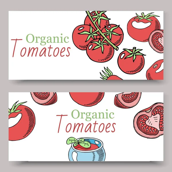 Conjunto de fundo de molho orgânico de tomates de banners ilustração vetorial. Comida saudável. Um copo de bebida fresca. Produtos naturais. Elementos para menu, anúncio de bar. Tomates cereja . —  Vetores de Stock