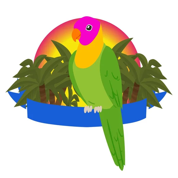 "Папужка"-справжній банер векторної ілюстрації. Птахи сидять на стрічці з місцем для тексту. Дика природа джунглів і тропічні ліси Амазонки. Реалістична тварина на пальмових дерев фону. — стоковий вектор