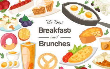 Kahvaltı ve brunches kavramı afiş vektör illüstrasyon. Kızarmış, haşlanmış ve omlet, dondurma, peynir ile çörek ve pasta sağlıklı kahvaltı. Kahvaltı servisi yaptım. Tatlım.