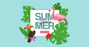 Yaz satış afiş vektör illüstrasyon. Pembe flamingo ve çiçek web tasarımı ile tropikal palmiye ağacı yaprakları. Toucan gibi tropikal kuşlar ile Egzotik Hawaii. Plaj dekoru, orman.