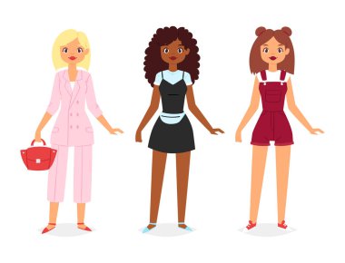 Kadın moda görünüyor Giysi vektör güzel kız ve giyinmek ya da moda pantolon elbise veya ayakkabı illüstrasyon girlie kadın bez şapka veya ceket beyaz arka plan üzerinde izole seti ile giyim