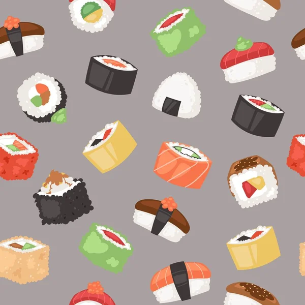 Ilustración de vector de patrón sin costura de sushi. Cocina japonesa en estilo de dibujos animados. Comida asiática wirh arroz. Salmón y peces voladores. Platos nacionales tradicionales para menú, publicidad . — Vector de stock