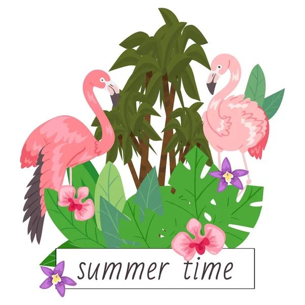 여름 시간 배경 배너 벡터 그림입니다. 핑크 남성 anf 여성 플라밍고와 열대 야자수 잎 꽃 웹 디자인. 열대 조류와 이국적인 하와이. — 스톡 벡터
