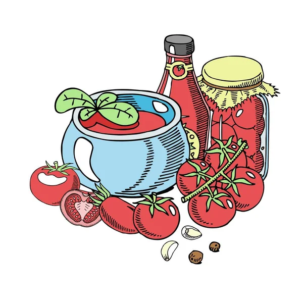 Tomates salsa orgánica fondo banner vector ilustración. Comida saludable. Botella y tazón de salsa orgánica. Productos naturales. Elementos para menú, publicidad de bar. Tomates cherry . — Archivo Imágenes Vectoriales