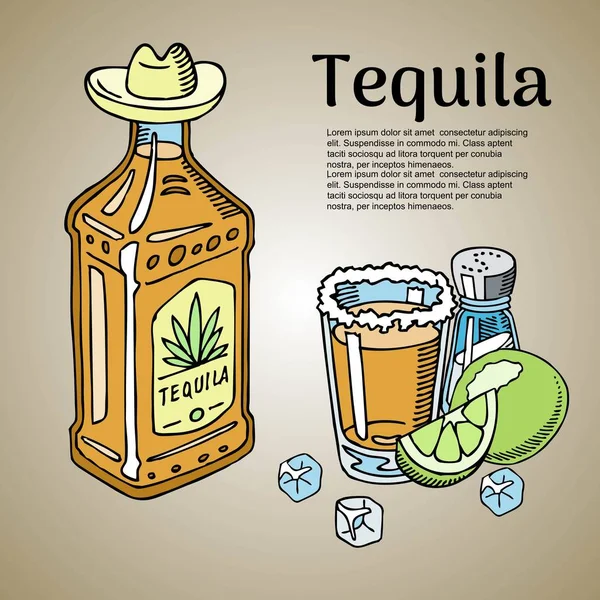 Banner de barra de tequila, ilustração vetorial de cartaz. Copo com açúcar e garrafa de tequila, sal e fatias de limão com cubos de gelo. O álcool mexicano bebe líquido. Sombrero e coquetel . — Vetor de Stock